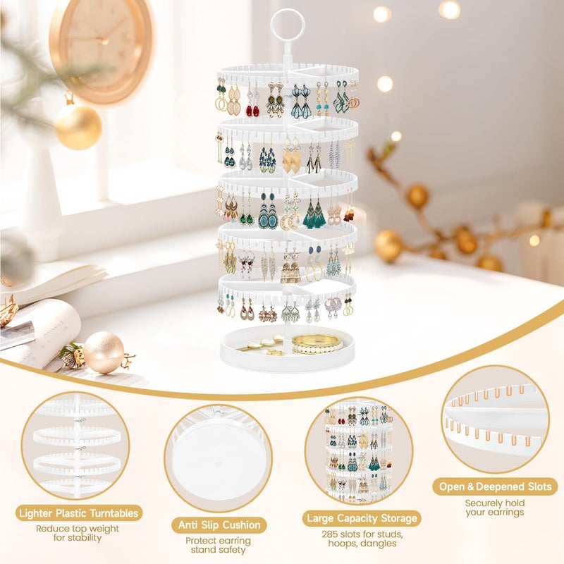 MODOWEY 5 Tier Rotating Earring Holder Organizer Display Tree with Metal Tray, Adjustable Plastic Stand with 285 Slots for Stud Hoop Hanger, Large Capacity Storage Rack for Women Space Saving, White - Image 5